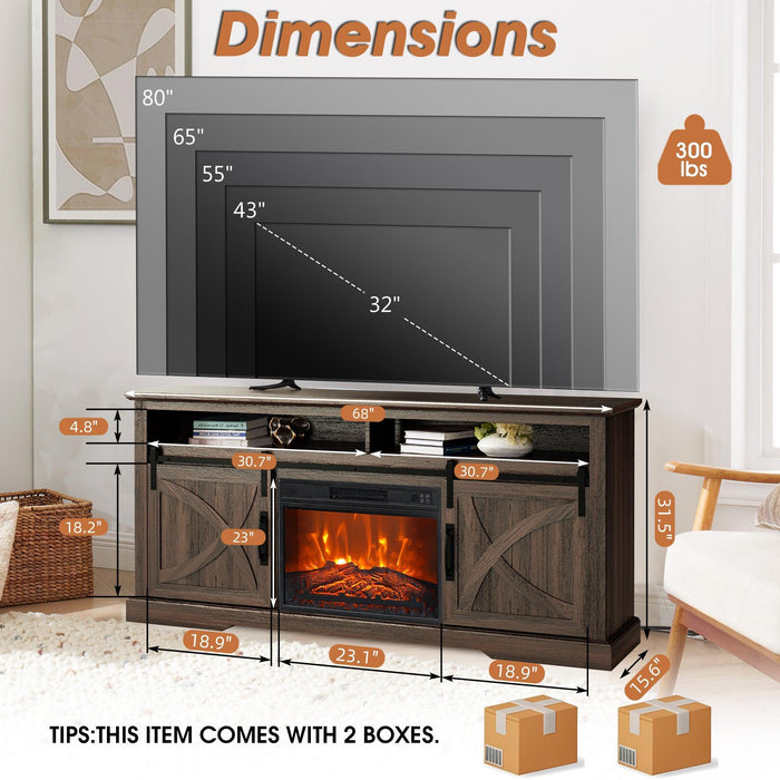 68" Farmhouse TV Stand with 23" Insert Opening Electric Fireplace - Sweatfully