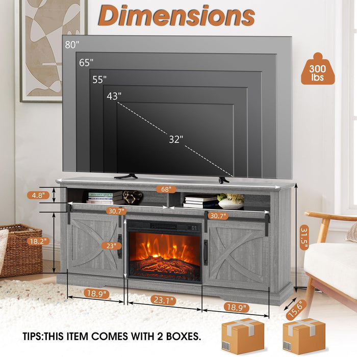 68" Farmhouse TV Stand with 23" Insert Opening Electric Fireplace - Sweatfully