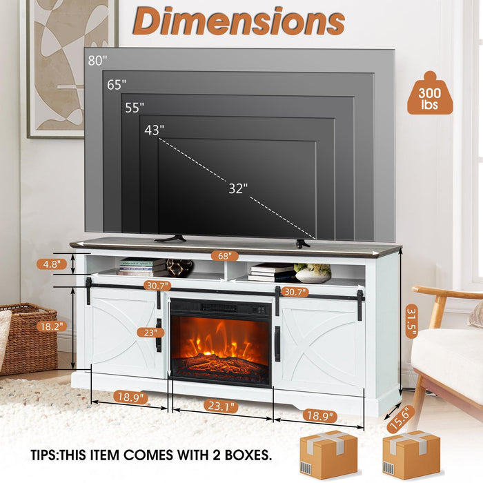 68" Farmhouse TV Stand with 23" Insert Opening Electric Fireplace - Sweatfully