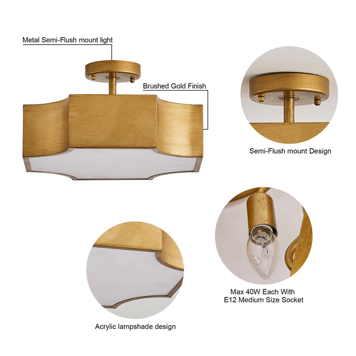 3-Light Vintage Golden LED Semi Flush Mount Light for Entrance, Closet, Kitchen - Sweatfully
