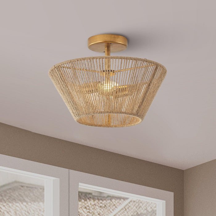 Farmhouse 2-Light Flush Mount Lighting with Rattan Rope - Sweatfully