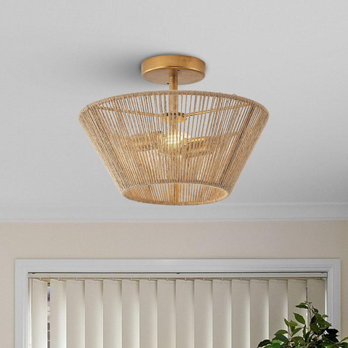 Farmhouse 2-Light Flush Mount Lighting with Rattan Rope - Sweatfully