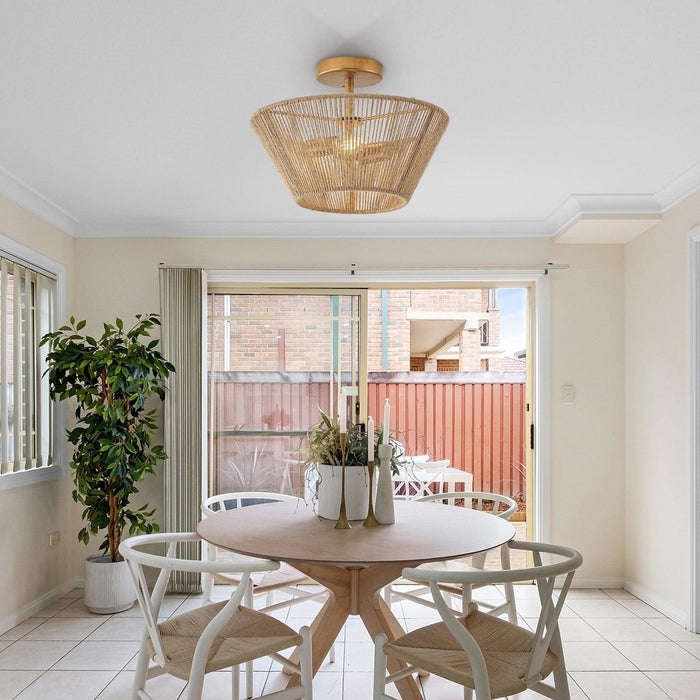 Farmhouse 2-Light Flush Mount Lighting with Rattan Rope - Sweatfully