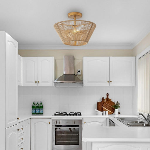 Farmhouse 2-Light Flush Mount Lighting with Rattan Rope - Sweatfully