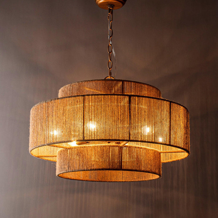 Bohemian Antique Gold 6-Light Drum Downrod Mount with Natural Rope Shade - Sweatfully