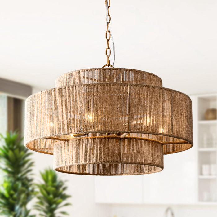 Bohemian Antique Gold 6-Light Drum Downrod Mount with Natural Rope Shade - Sweatfully