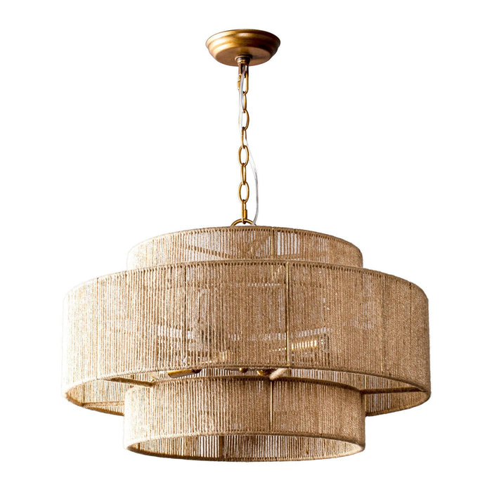Bohemian Antique Gold 6-Light Drum Downrod Mount with Natural Rope Shade - Sweatfully