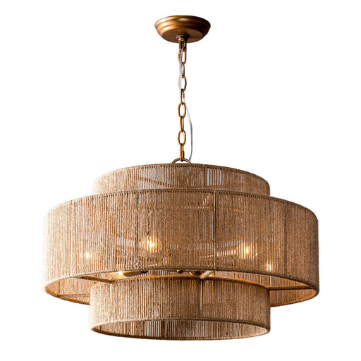 Bohemian Antique Gold 6-Light Drum Downrod Mount with Natural Rope Shade - Sweatfully
