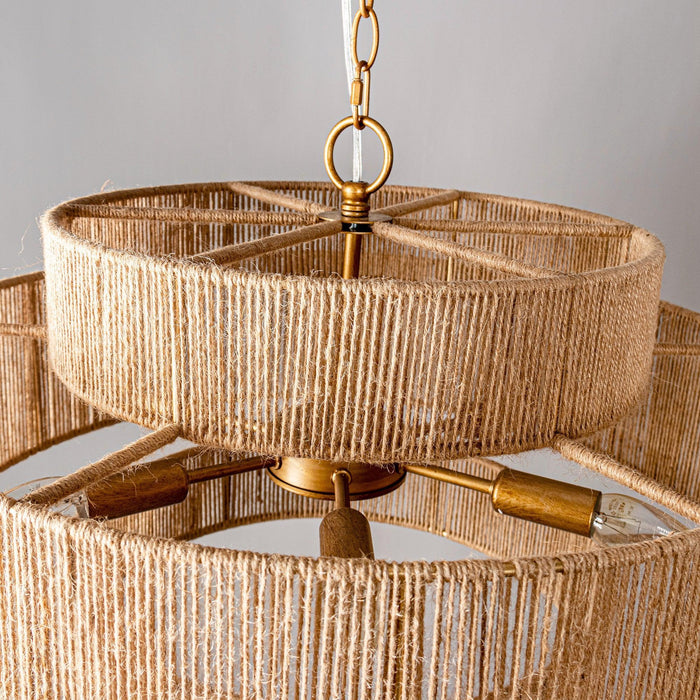 Bohemian Antique Gold 6-Light Drum Downrod Mount with Natural Rope Shade - Sweatfully