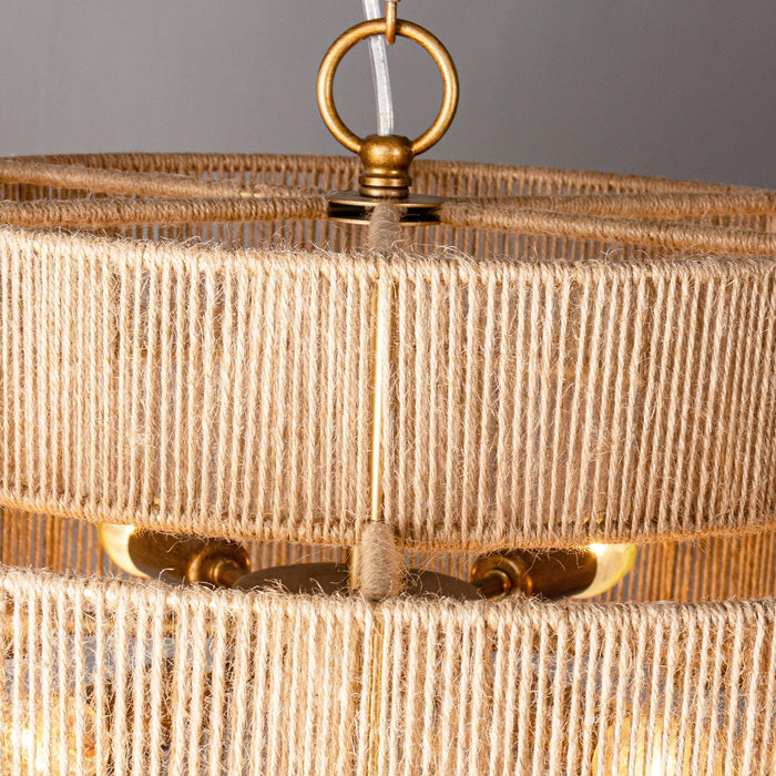 Bohemian Antique Gold 6-Light Drum Downrod Mount with Natural Rope Shade - Sweatfully