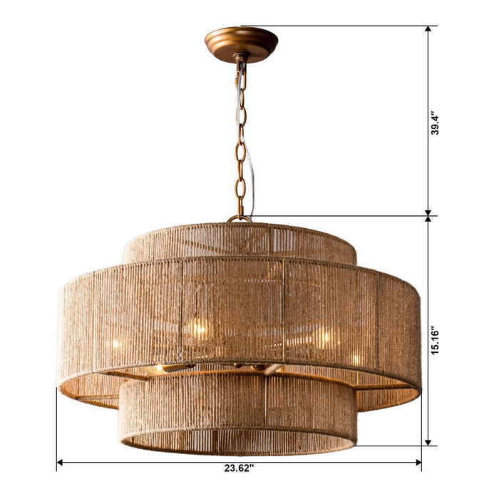 Bohemian Antique Gold 6-Light Drum Downrod Mount with Natural Rope Shade - Sweatfully