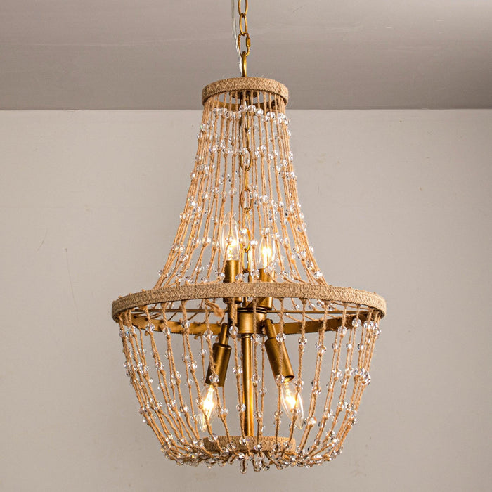 Modern Beaded Basket Weathered Wood 4-Light Chandelier - Sweatfully