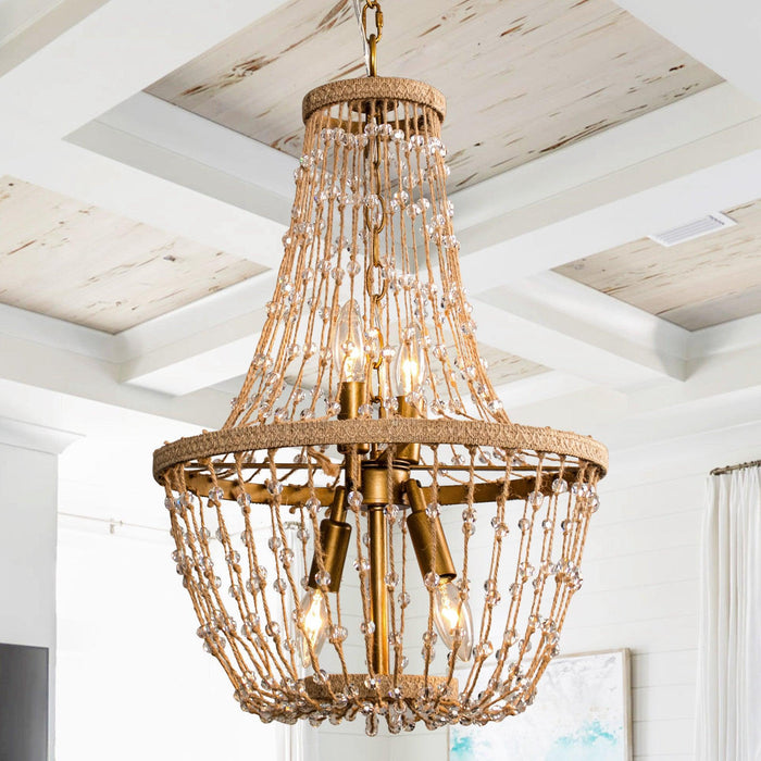 Modern Beaded Basket Weathered Wood 4-Light Chandelier - Sweatfully