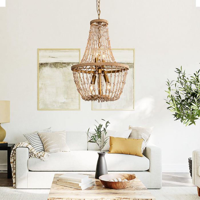 Modern Beaded Basket Weathered Wood 4-Light Chandelier - Sweatfully