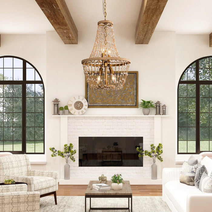 Modern Beaded Basket Weathered Wood 4-Light Chandelier - Sweatfully