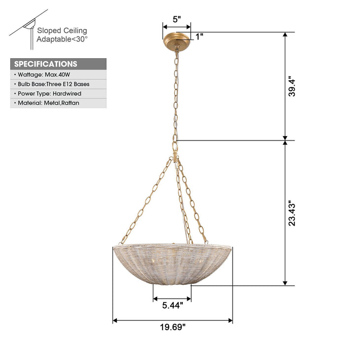 Farmhouse 3-Light Rattan Island Pendant Lighting in Bowl Shape - Sweatfully