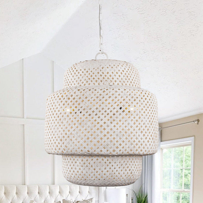 Rustic 3-Light White Dry Rated Farmhouse Island Pendant Hanging Light - Sweatfully