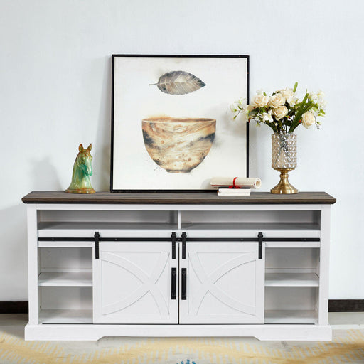 68" Farmhouse TV Stand with Double Sliding Barn Doors for Living Room - Sweatfully