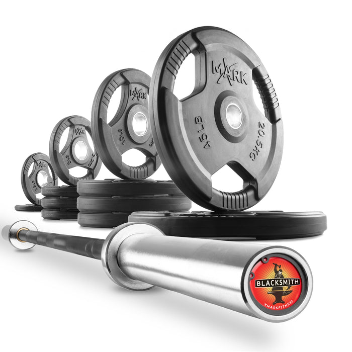 XMARK Tri-Grip Olympic Weight Plates and Olympic Barbell Sets LUMBERJACK-3377-BAL-155 - Sweatfully