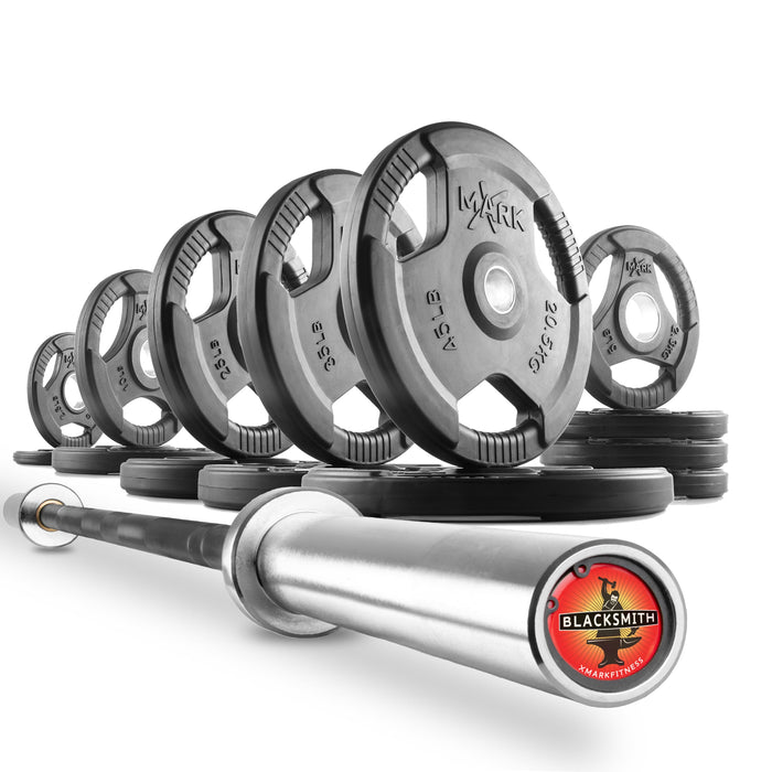XMARK Tri-Grip Olympic Weight Plates and Olympic Barbell Sets LUMBERJACK-3377-BAL-155 - Sweatfully