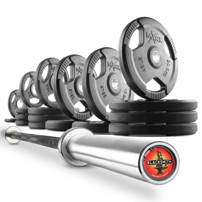 XMARK Tri-Grip Olympic Weight Plates and Olympic Barbell Sets LUMBERJACK-3377-BAL-155 - Sweatfully