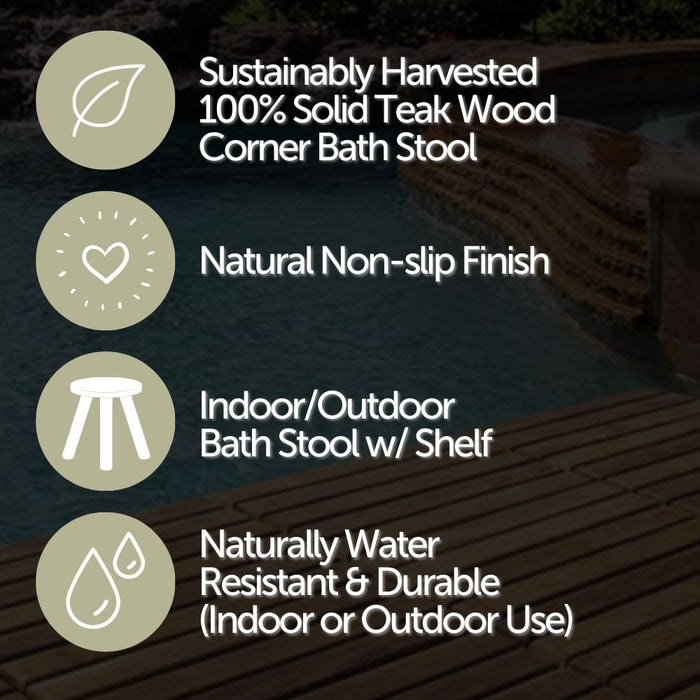Siena Natural Teak Shower and Bath Stool with Curved Seat and Shelf - Sweatfully