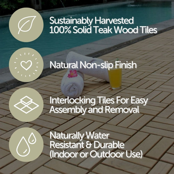 Coastal Natural Teak Outdoor Interlocking Tiles, 12 Slat (10 sq ft) - Sweatfully