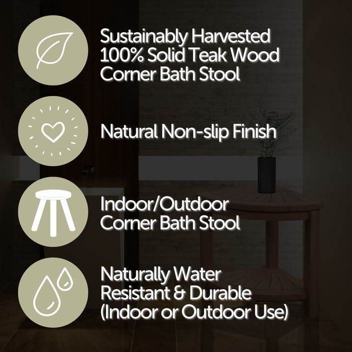 Stanley Natural Teak Shower and Bath Corner Stool with Shelf - 15.7" - Sweatfully
