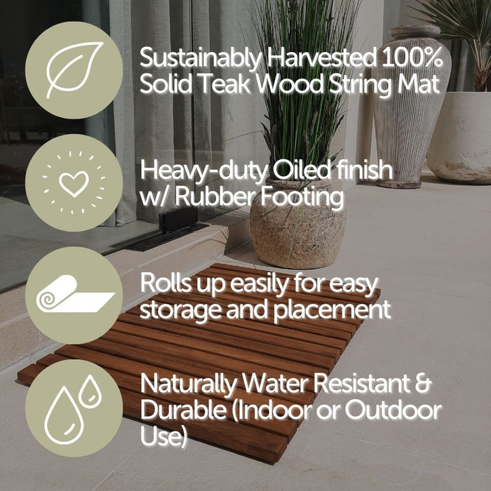 Sunriver Teak Shower and Bath String Mat with Rubber Feet 23.62" x 15.75" - Sweatfully