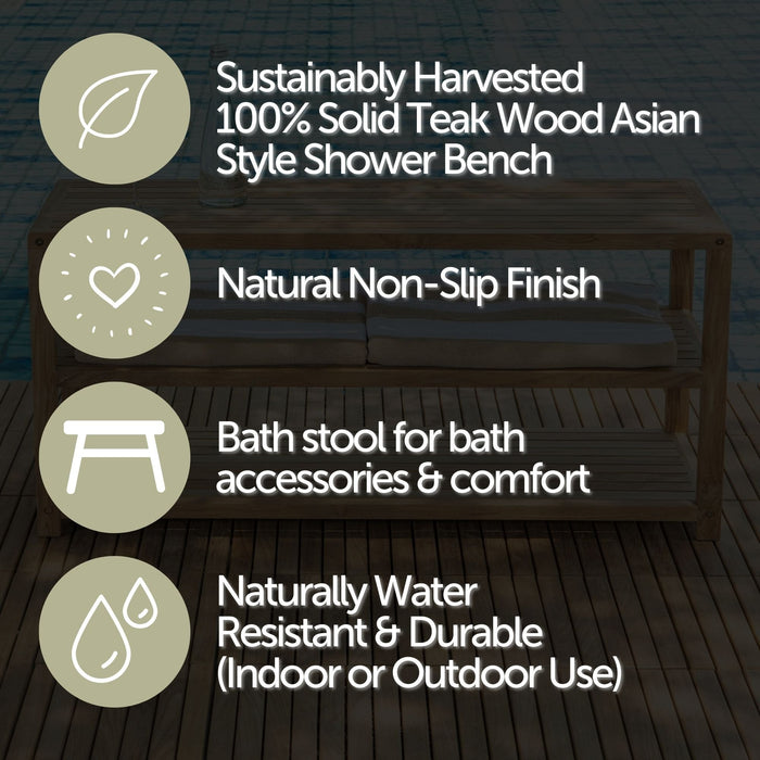 Savannah Natural Teak Shower and Spa/Bathroom/Outdoor - Storage Bench with Shelves- 28" or 40" - Sweatfully
