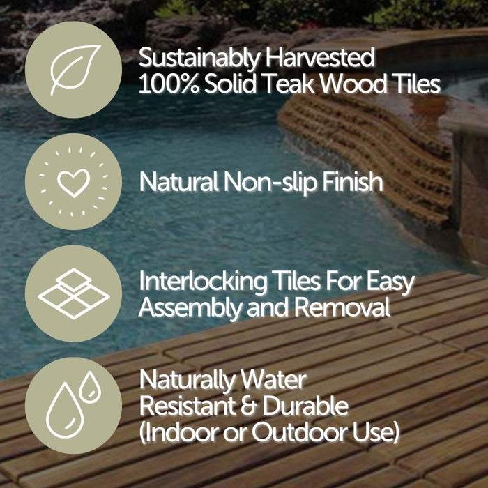 Denali Natural Teak Outdoor Interlocking Tiles, 9 Slat (10 sq ft) - Sweatfully