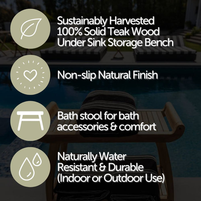Norwegian Natural Teak Shower and Bath Curved Spa Bench with Shelf - 30" - Sweatfully