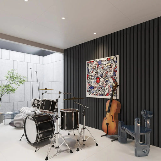 Black Solid Wood Acoustic Slat Wall Panels (Broad Strip) - Sweatfully