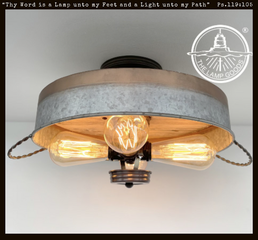 Modern Farmhouse Galvanized & Copper Tone Metal Flat Tub Ceiling Light Wood Accents - Sweatfully