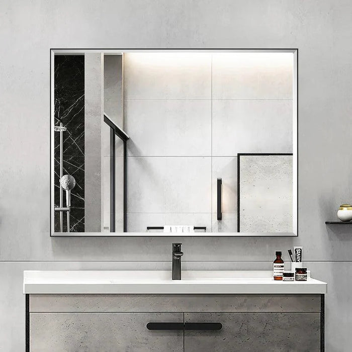 Reflections Sleek Modern Black Aluminum Framed Beveled Wall Mirror - Sweatfully