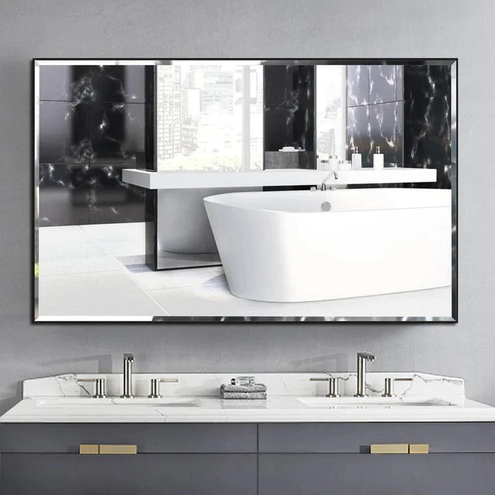 Reflections Sleek Modern Black Aluminum Framed Beveled Wall Mirror - Sweatfully