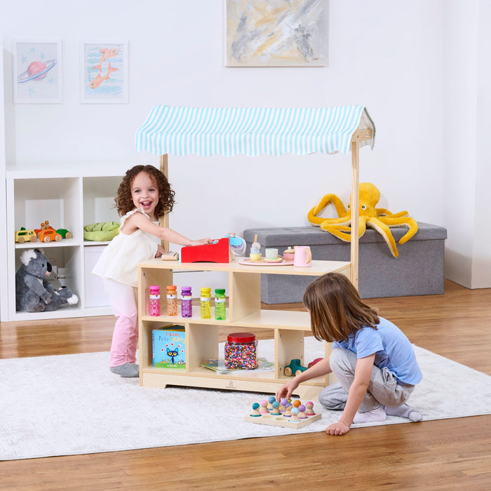 Holly Wooden Market Stand – Kids’ Pretend Play Shop & Display Shelf - Sweatfully
