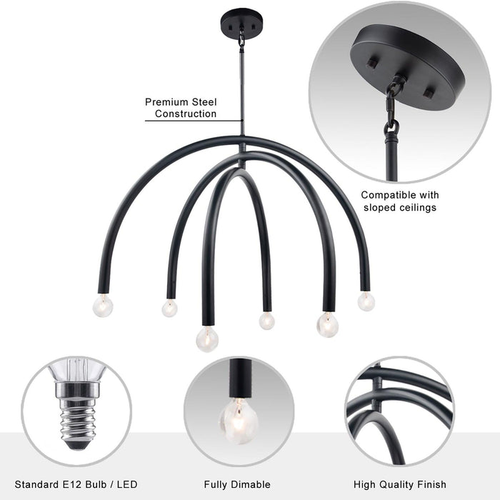 Caboche Mid-Century Modern Black Dimmable 6-Light Chandelier - Sweatfully