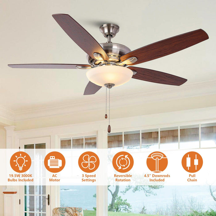 52" Traditional Pull Chain 5 Blades Ceiling Fan with Light - Sweatfully