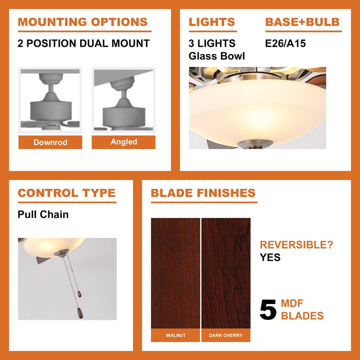 52" Traditional Pull Chain 5 Blades Ceiling Fan with Light - Sweatfully