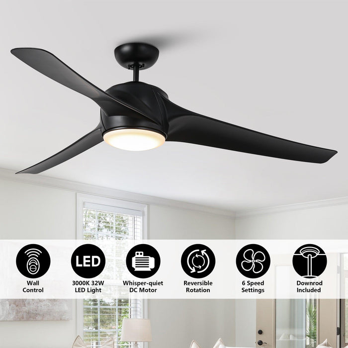 60" Wall Control 3 Blades Black Ceiling Fan with LED Lighting - Sweatfully