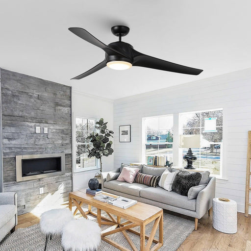 60" Wall Control 3 Blades Black Ceiling Fan with LED Lighting - Sweatfully