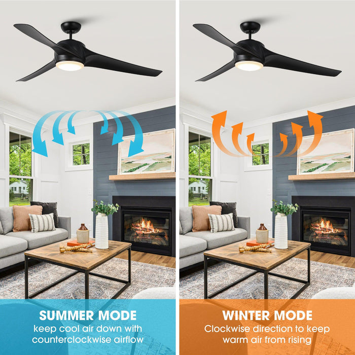 60" Wall Control 3 Blades Black Ceiling Fan with LED Lighting - Sweatfully