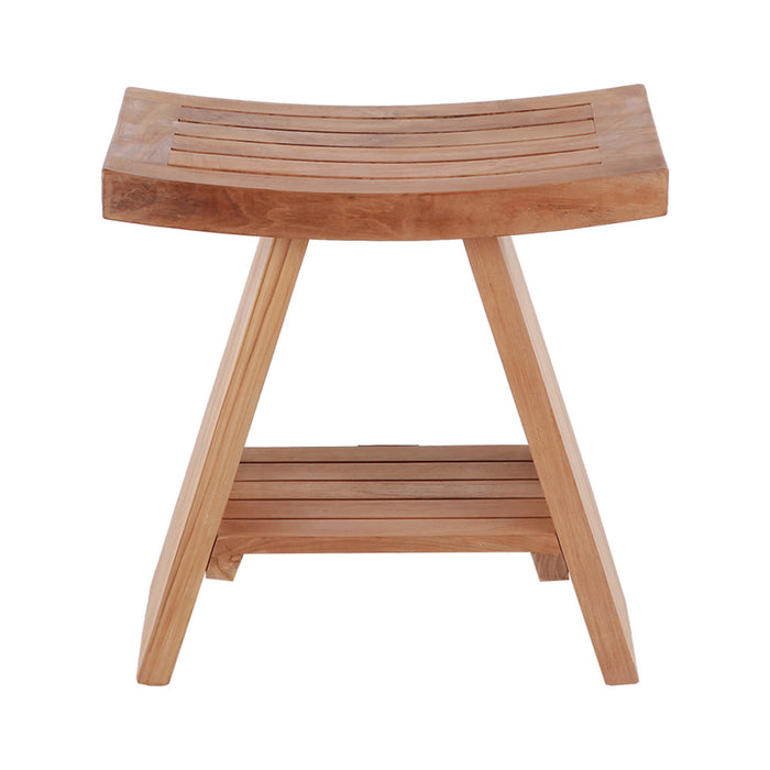 Siena Natural Teak Shower and Bath Stool with Curved Seat and Shelf - Sweatfully