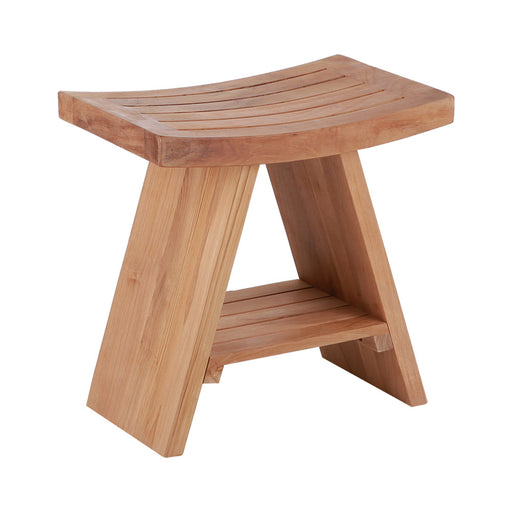 Siena Natural Teak Shower and Bath Stool with Curved Seat and Shelf - Sweatfully