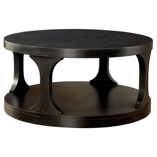 18"H Antique Black Round Structure Coffee Table with Open Shelf - Sweatfully