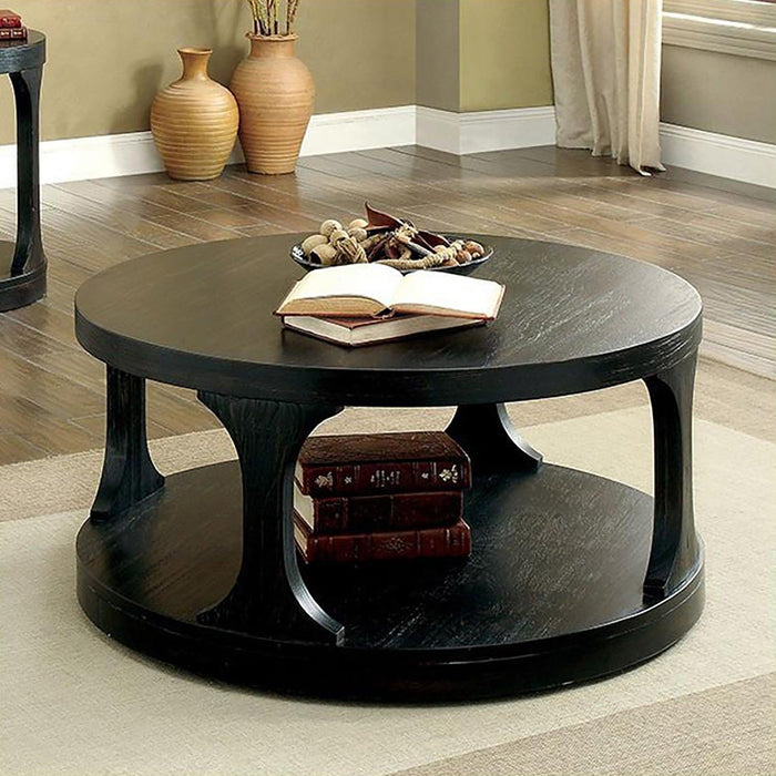 18"H Antique Black Round Structure Coffee Table with Open Shelf - Sweatfully