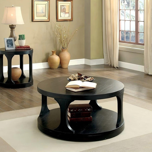 18"H Antique Black Round Structure Coffee Table with Open Shelf - Sweatfully