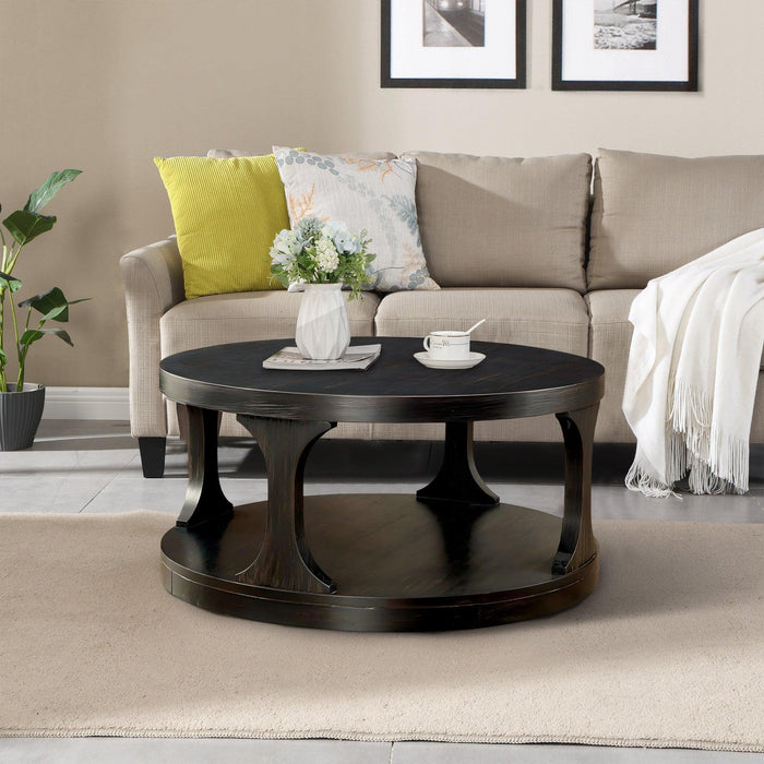 18"H Antique Black Round Structure Coffee Table with Open Shelf - Sweatfully