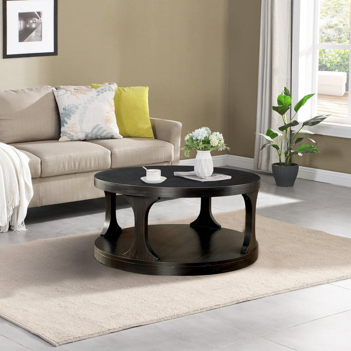 18"H Antique Black Round Structure Coffee Table with Open Shelf - Sweatfully